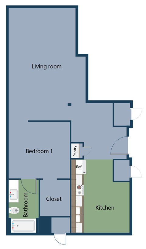 A floor plan of a home showing a living room, kitchen, and Bedroom 1 with a closet and bathroom.
